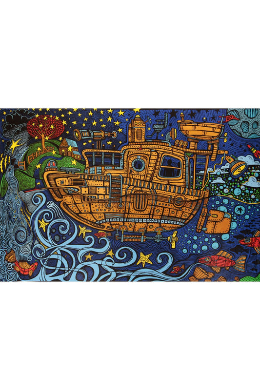 3D Steampunk Tug Boat Mini Tapestry 30x45 - Artwork by Chris Pinkerton