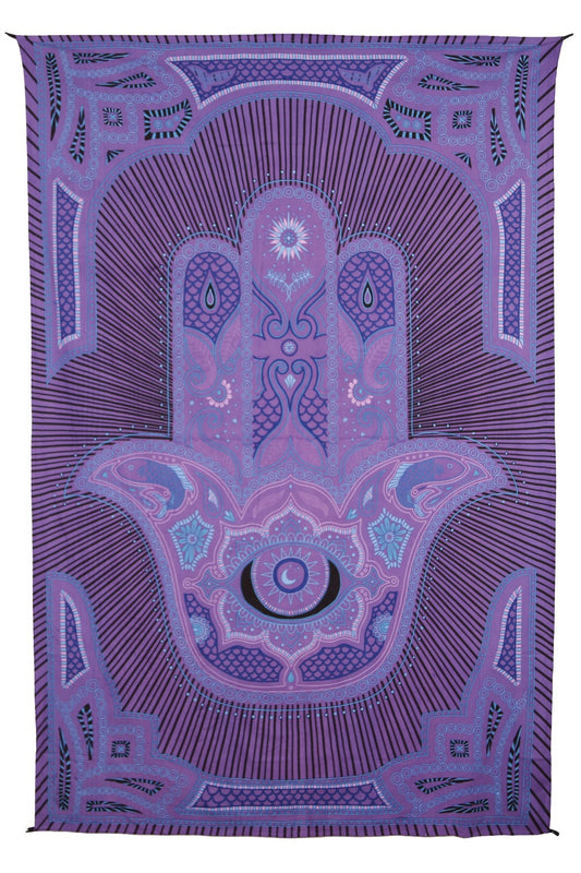 Tapisserie violette main de Hamsa 60x90 - Art par Dina June Toomey