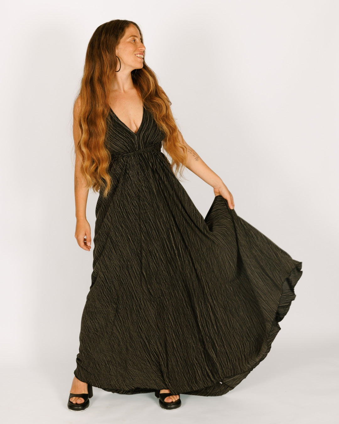 Black ruffled crepe maxi dress