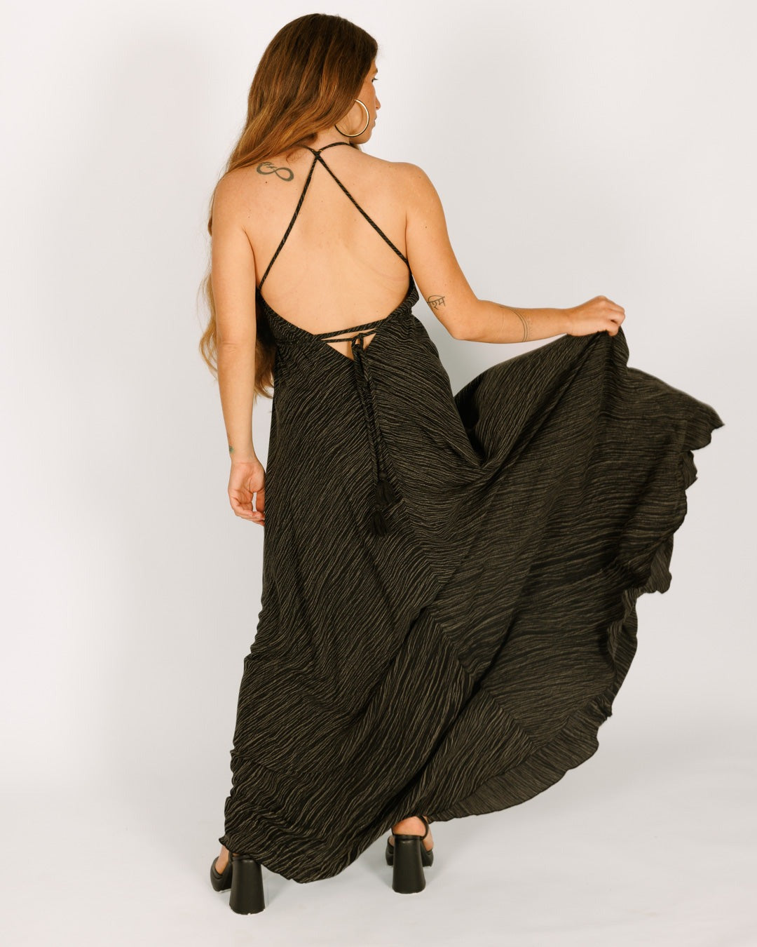 Black ruffled crepe maxi dress
