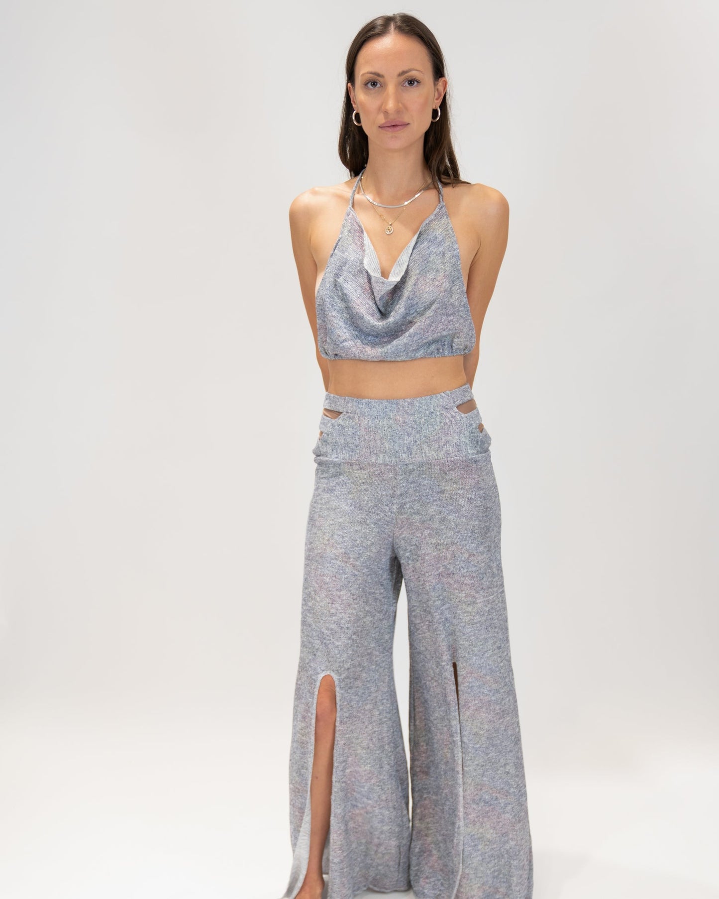 Shimmering scoop neck top and Slit Pants