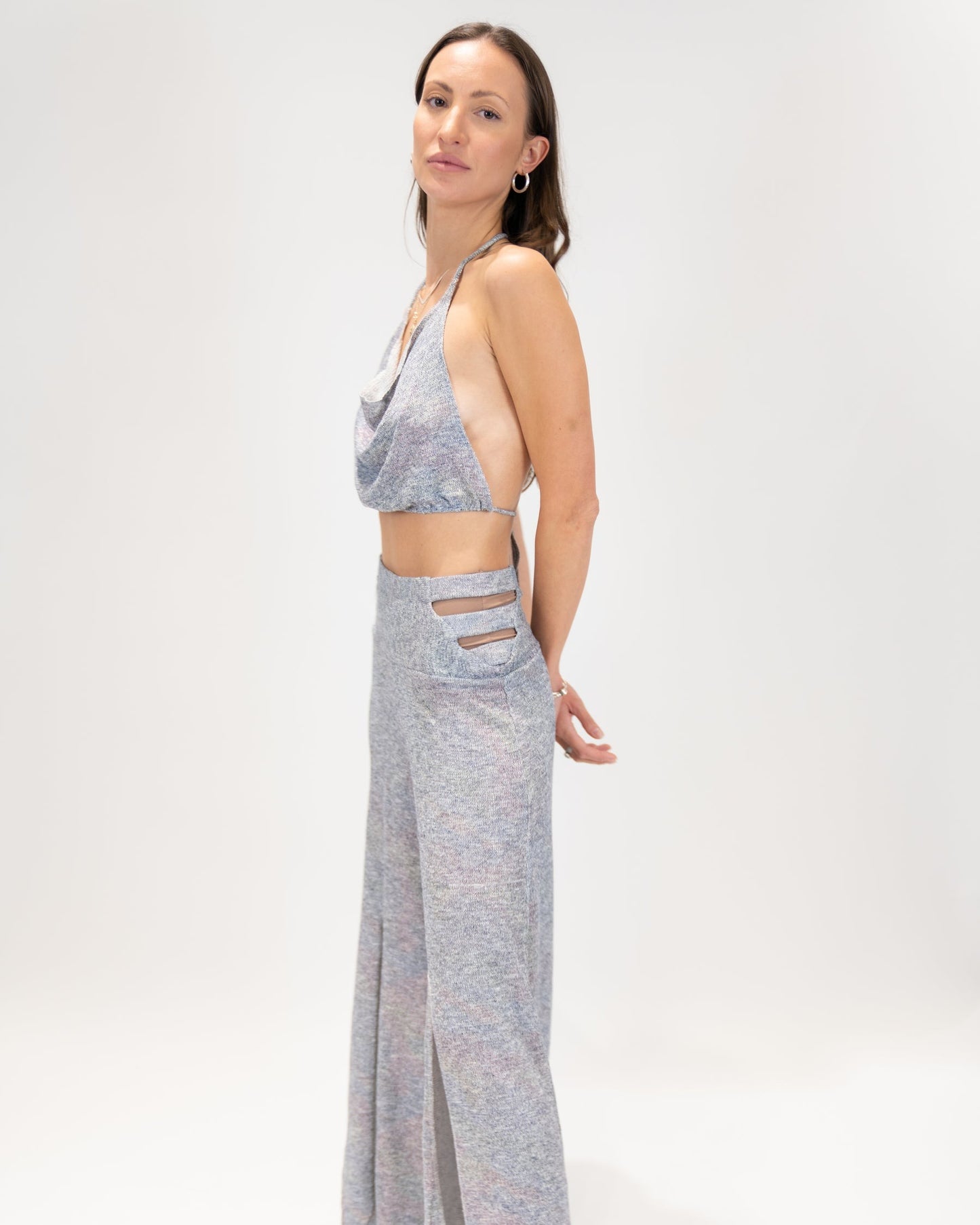 Shimmering scoop neck top and Slit Pants