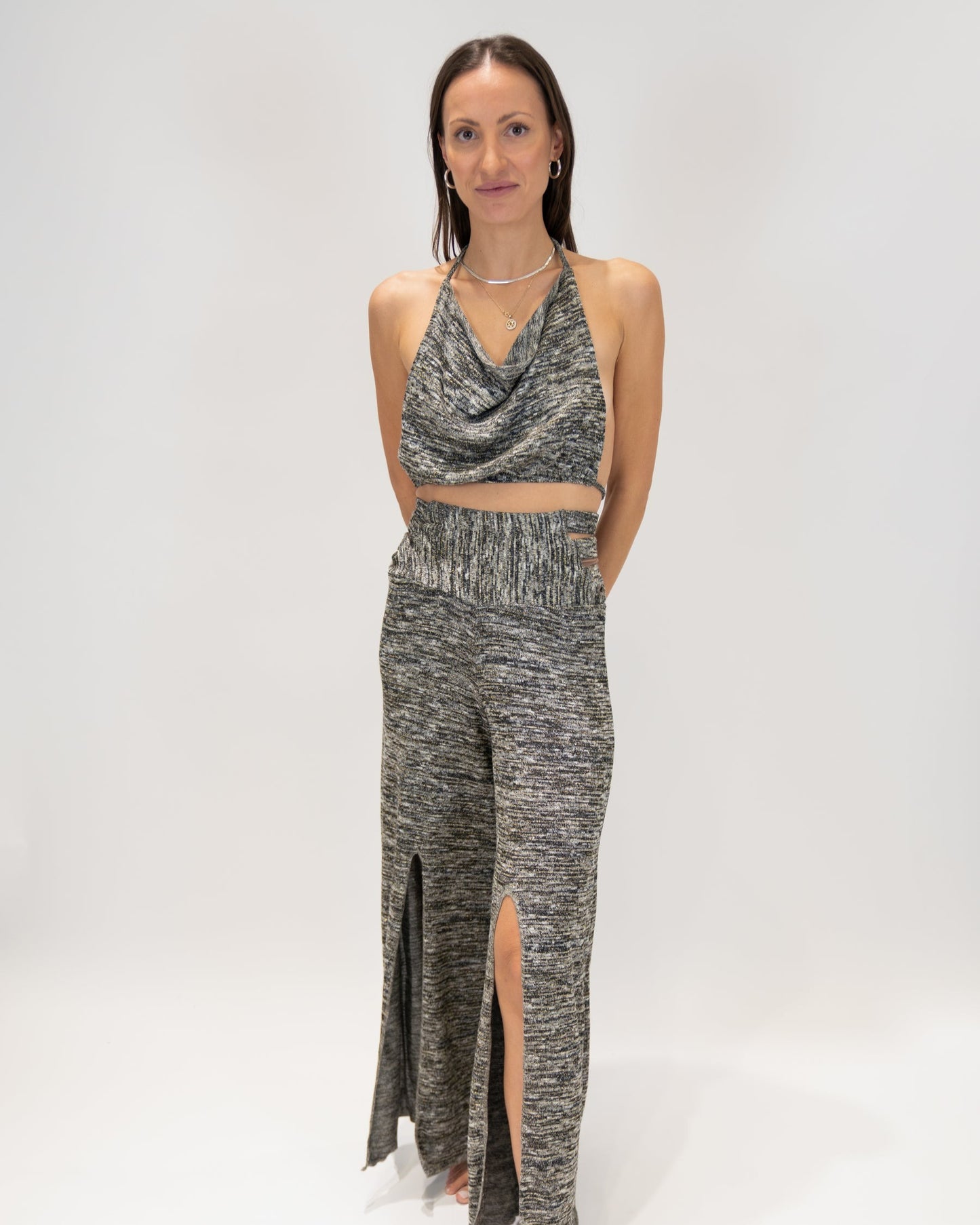 Shimmering scoop neck top and Slit Pants