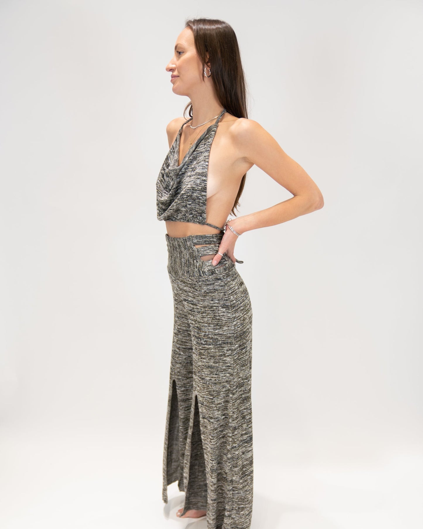 Shimmering scoop neck top and Slit Pants
