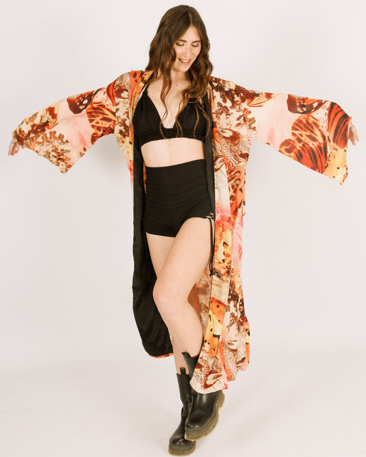 Maxi silk kimono, orange butterflies, long sleeve
