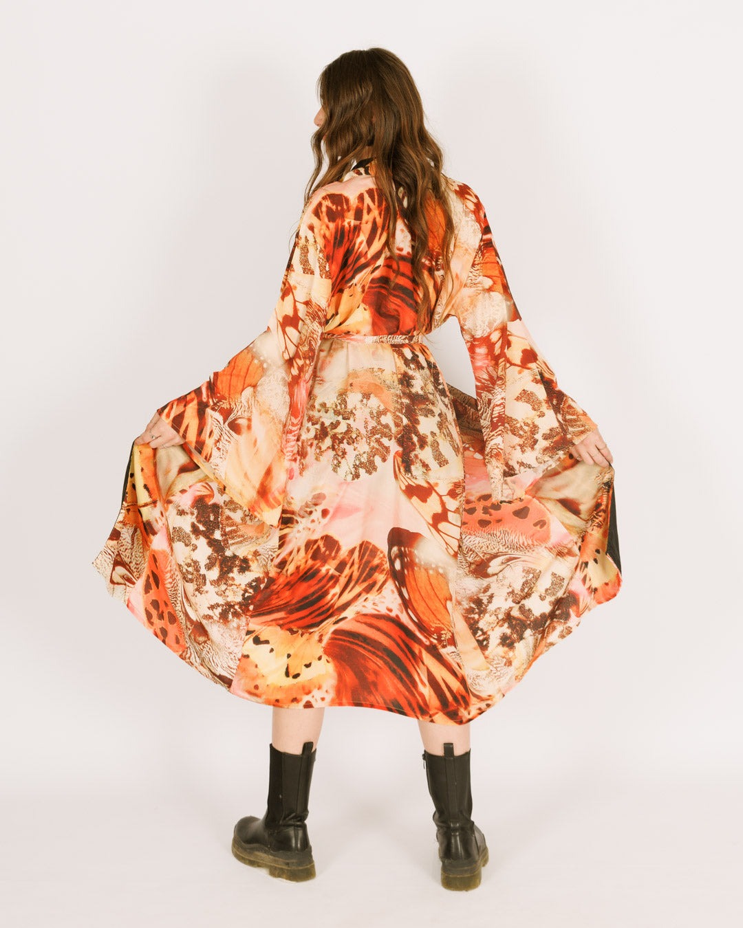 Maxi silk kimono, orange butterflies, long sleeve