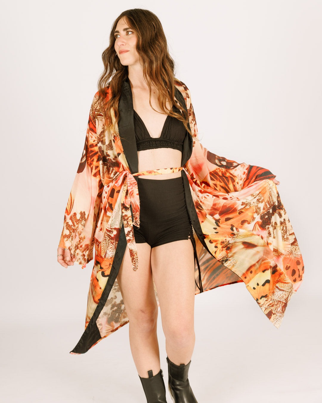 Maxi silk kimono, orange butterflies, long sleeve