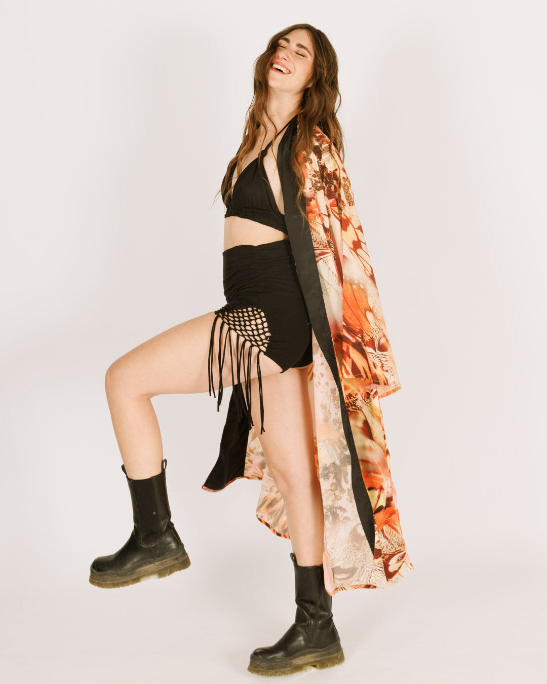 Maxi silk kimono, orange butterflies, long sleeve