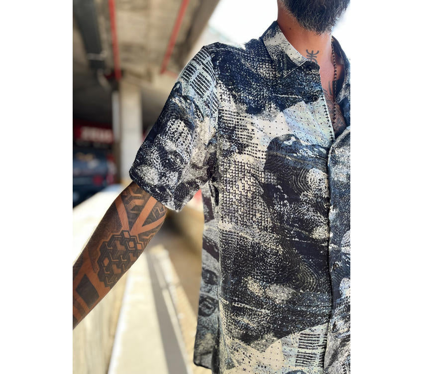 Sumo Waves Button Shirt Blue