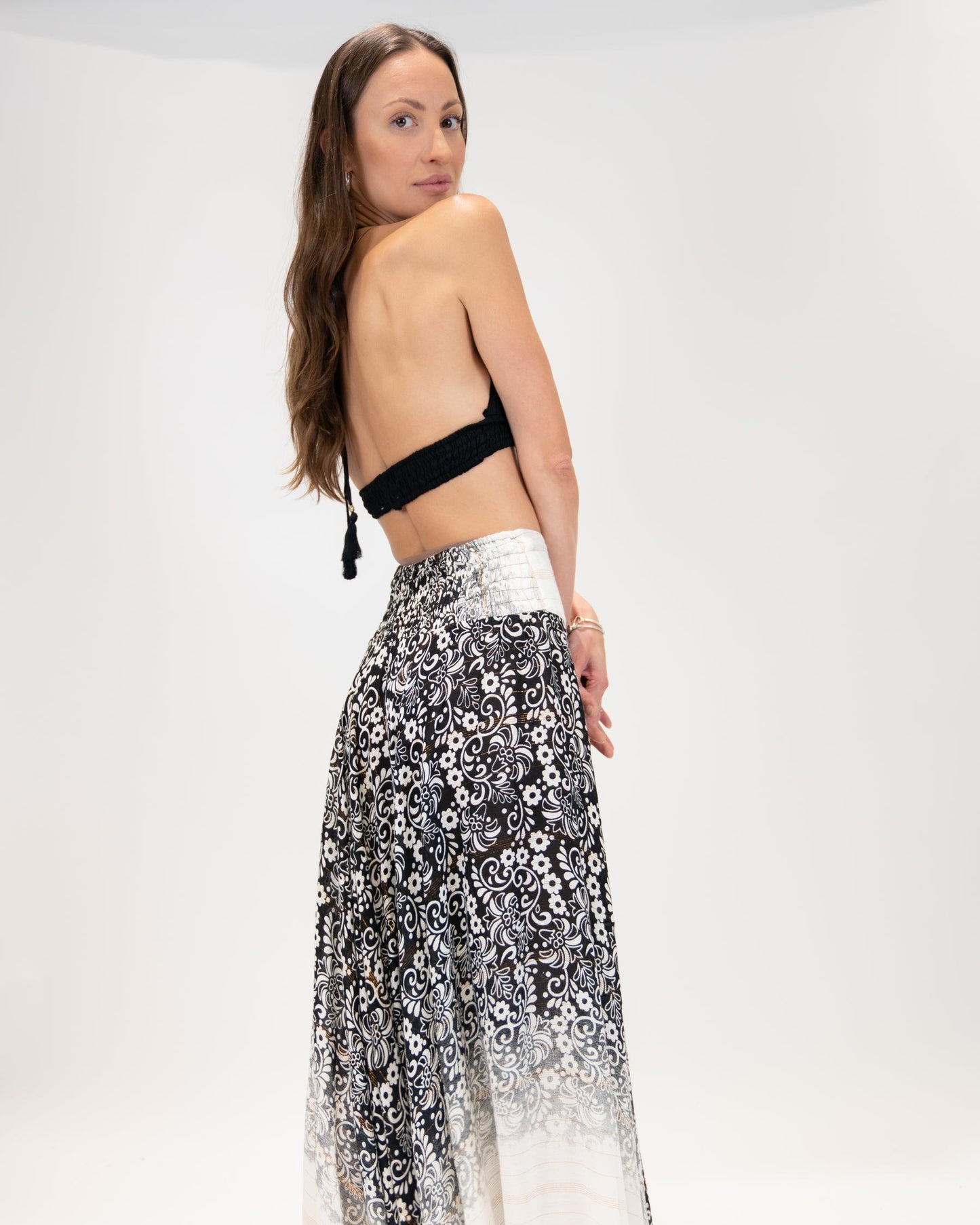 Long Flared Pants with Black Flowers