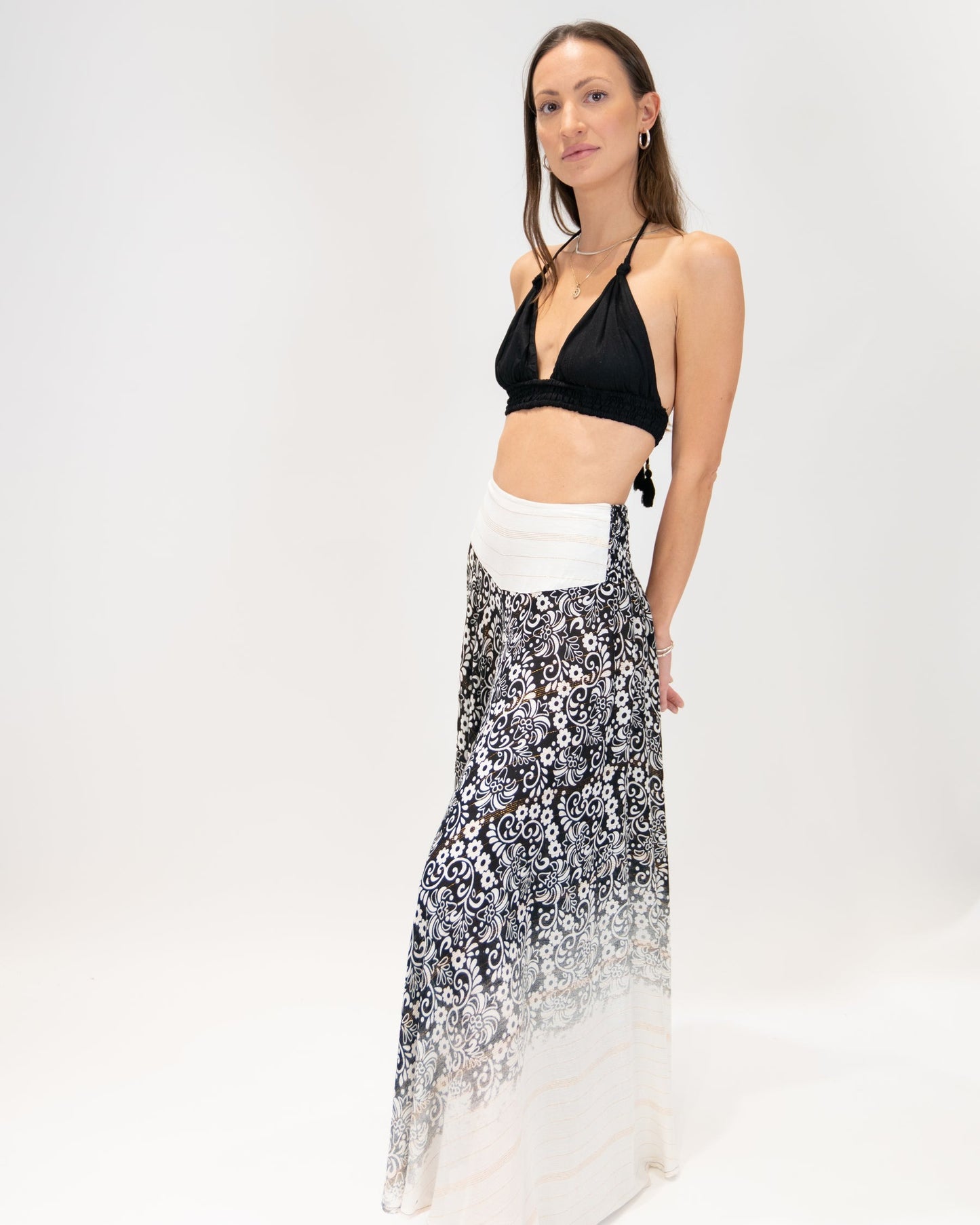 Long Flared Pants with Black Flowers