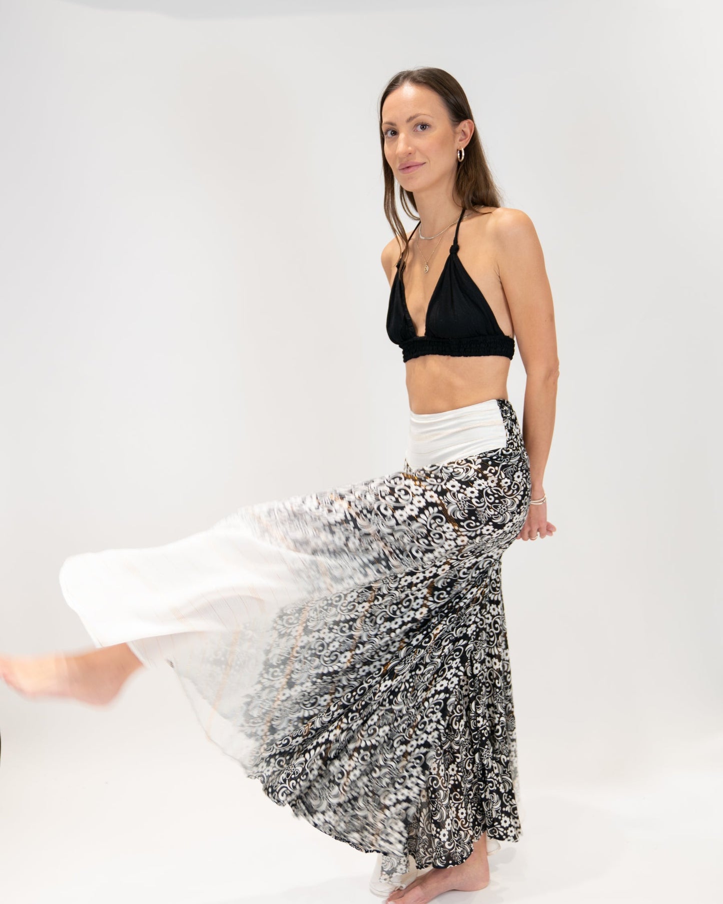 Long Flared Pants with Black Flowers