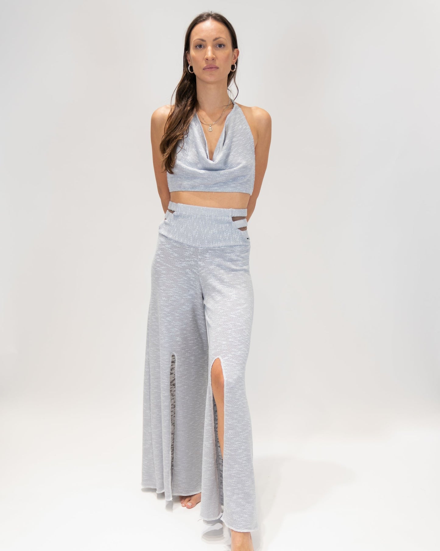 Shimmering scoop neck top and Slit Pants