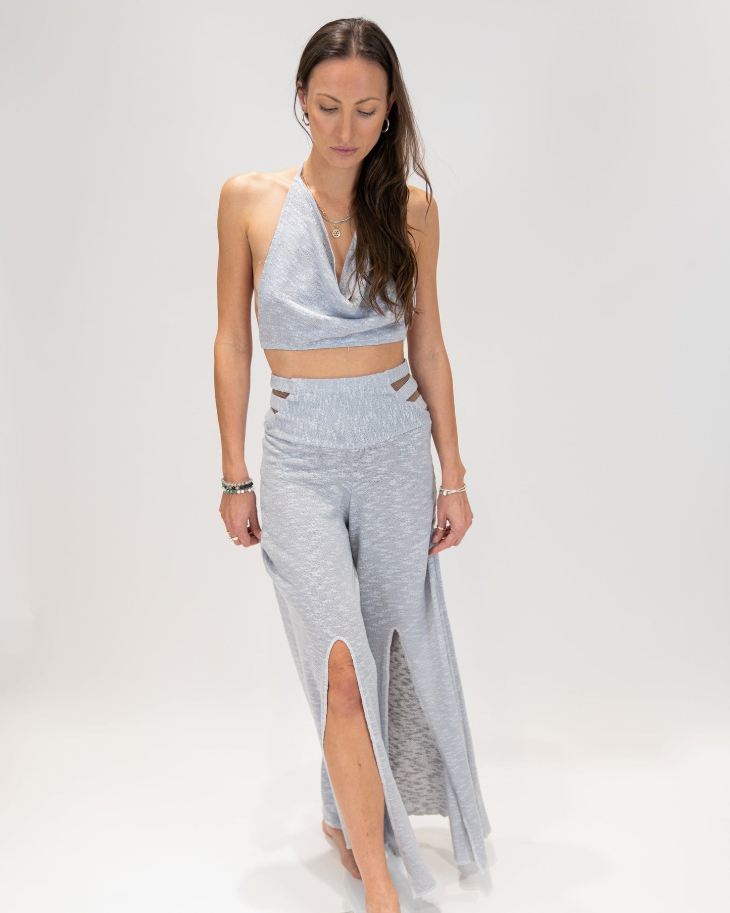 Shimmering scoop neck top and Slit Pants