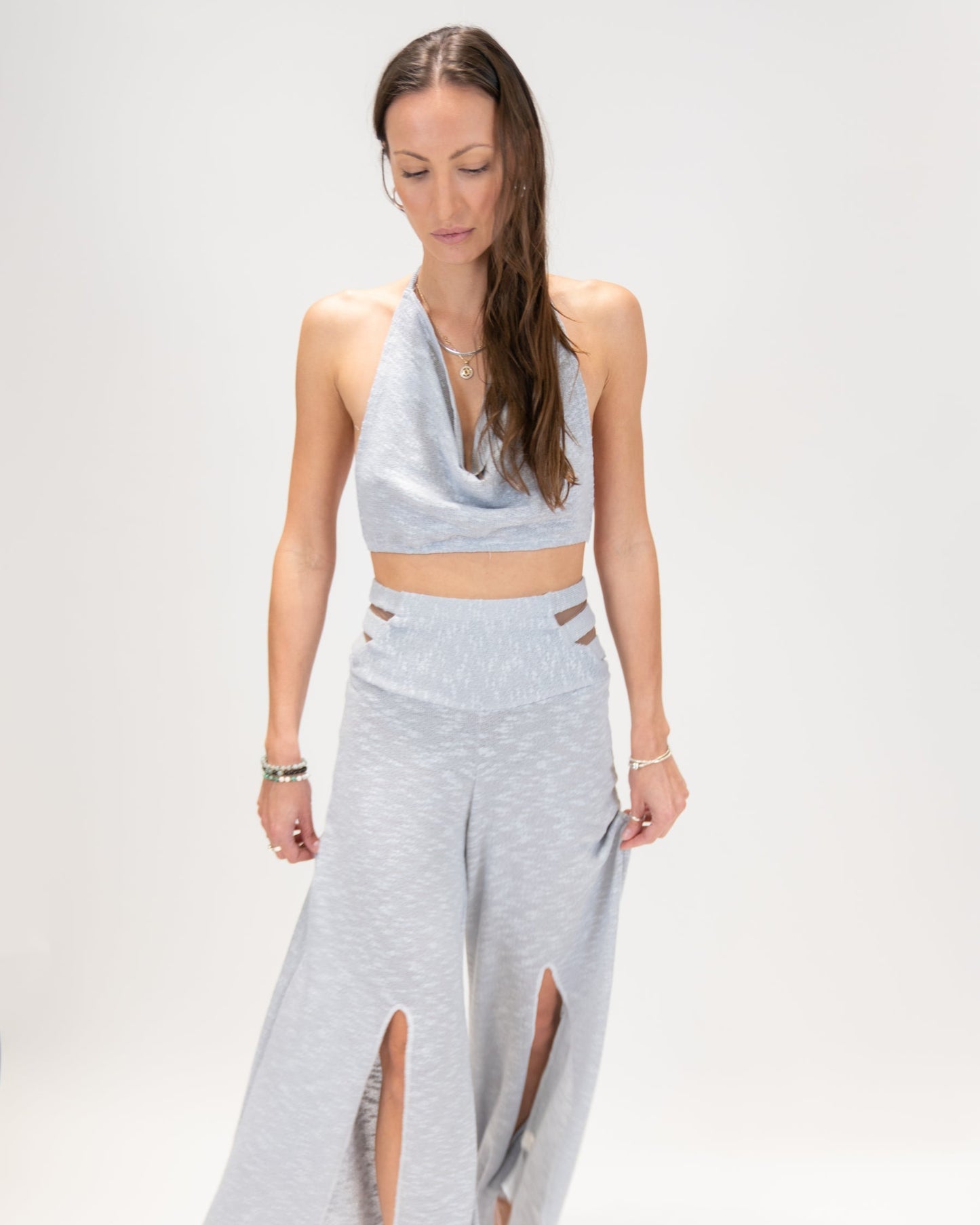 Shimmering scoop neck top and Slit Pants