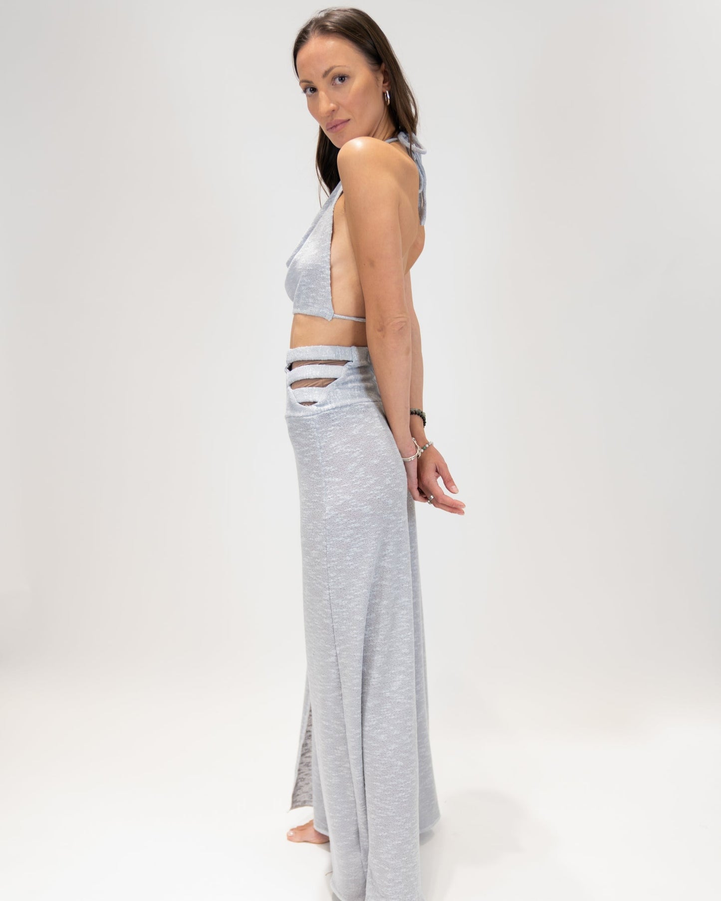 Shimmering scoop neck top and Slit Pants