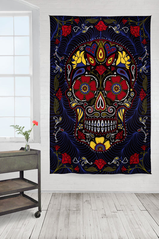 Tapisserie noire 3D avec tête de mort en sucre 60 x 90 cm