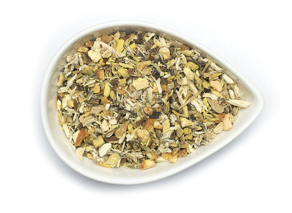 Aromatic blend of dried herbs and spices on white surface. Licorice and marshmallow notes, sweet and viscous flavor. Caffeine-free.