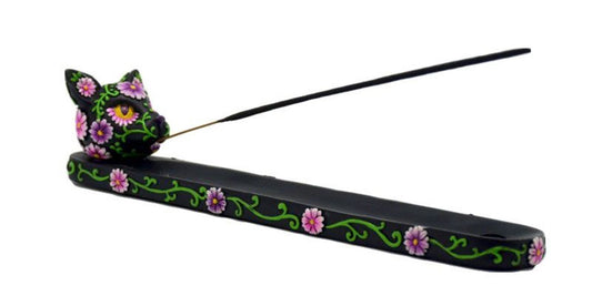 10" Day of the Dead Cat Incense Burner - Black