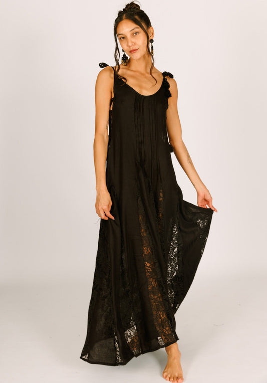 Black half-mesh maxi dress