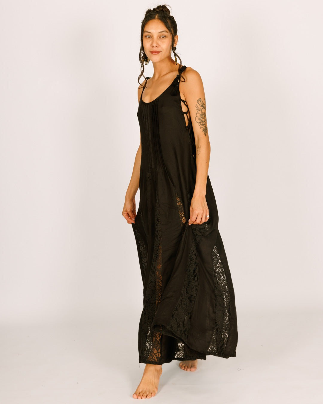 Black half-mesh maxi dress