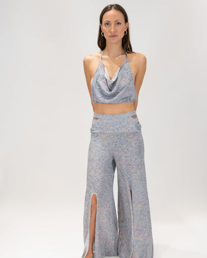 Shimmering  scoop neck top and Slit Pants