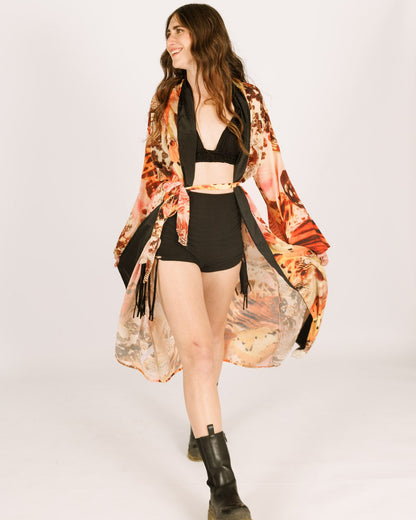 Maxi silk kimono, orange butterflies, long sleeve