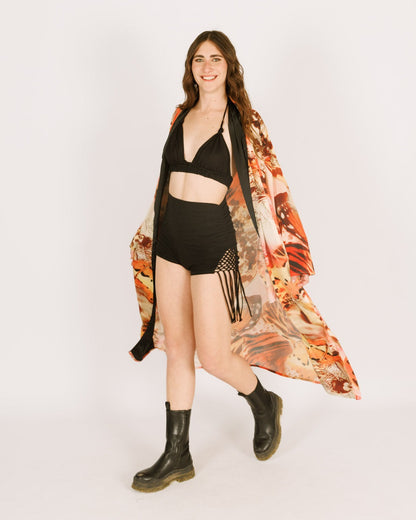 Maxi silk kimono, orange butterflies, long sleeve