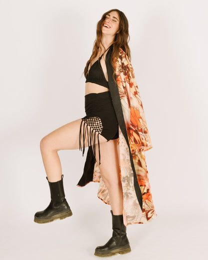 Maxi silk kimono, orange butterflies, long sleeve