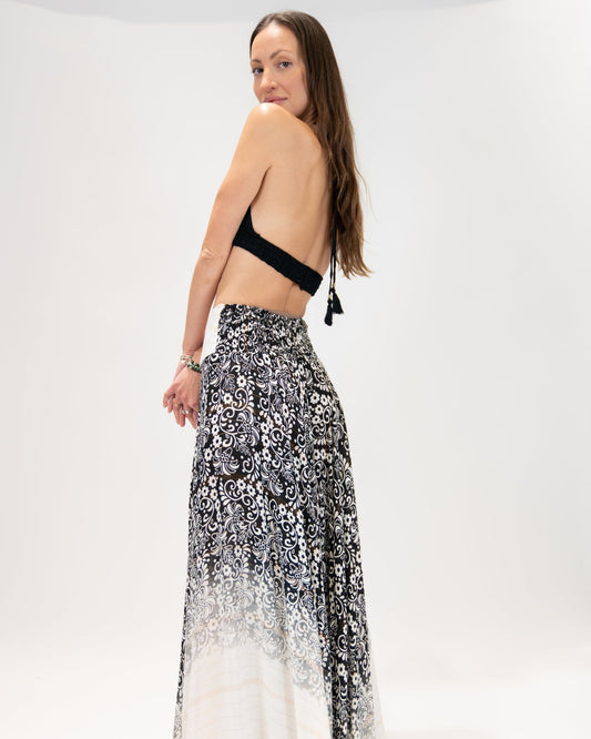 Long Flared Pants with Black Flowers